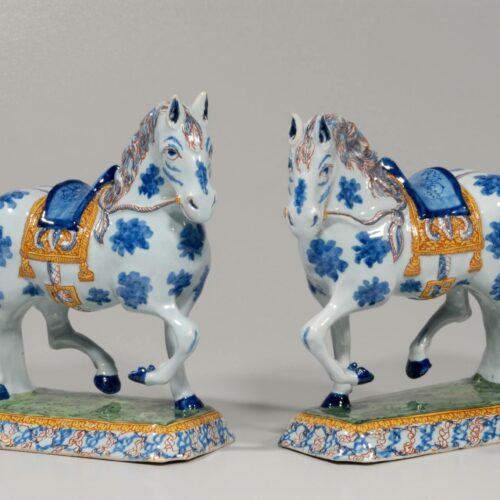 Antique Delft Pottery Of A Pair Of Horses