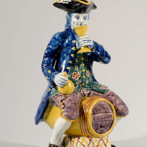 Antique Dutch Delft Pottery Of Man Sitting On Barrel In Polychrome Colours