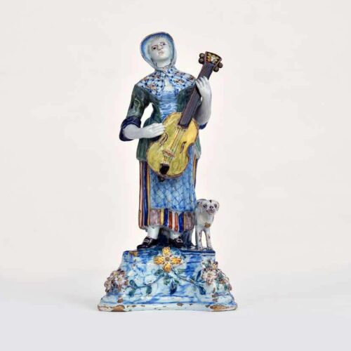 Antique Polychrome Figural Of Lady Playing A Viola De Gamba Of Commedia Dell'Arte