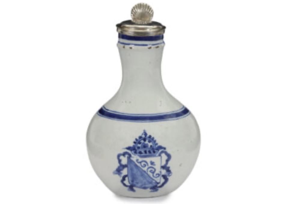 Blue and White Armorial Silver Mounted Jug, Delft, circa 1660, depicting the Coat of Arms of Utrecht, Height 21 cm. (8.3 in.), Aronson Collection, Inv. nr. D2401