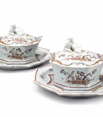 D2136 Pair of Polychrome Petit Feu and Gilded Butter Tubs, Covers and Stands